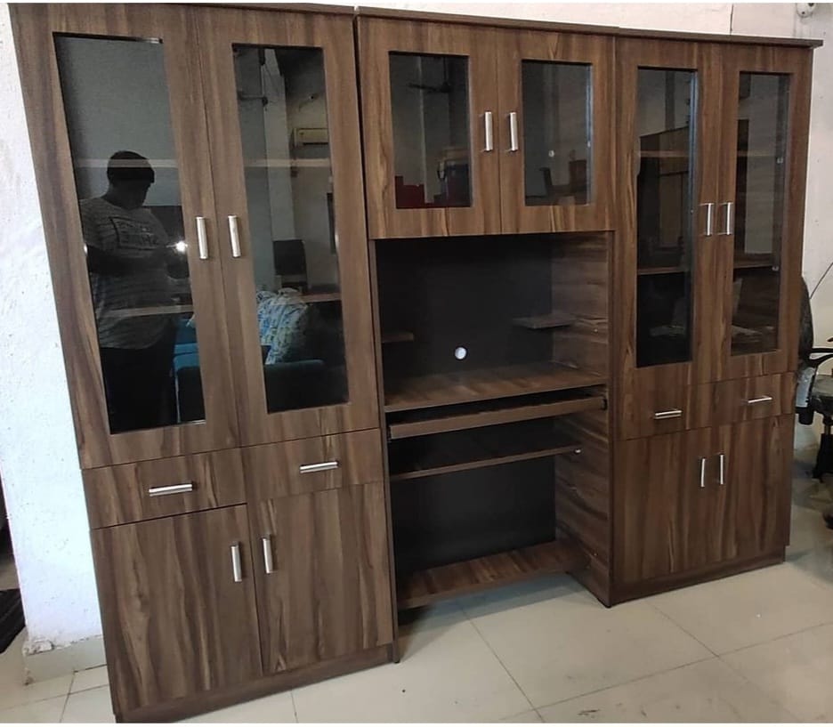 Walnut Display Unit with Glass Shutters — custom furniture by Qadir Furniture Manufacturers, Mumbai