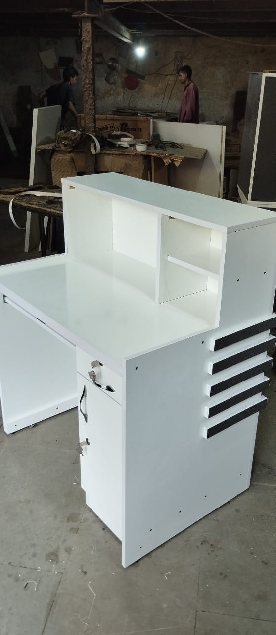 White Study Desk with Hutch & Drawers — custom furniture by Qadir Furniture Manufacturers, Mumbai