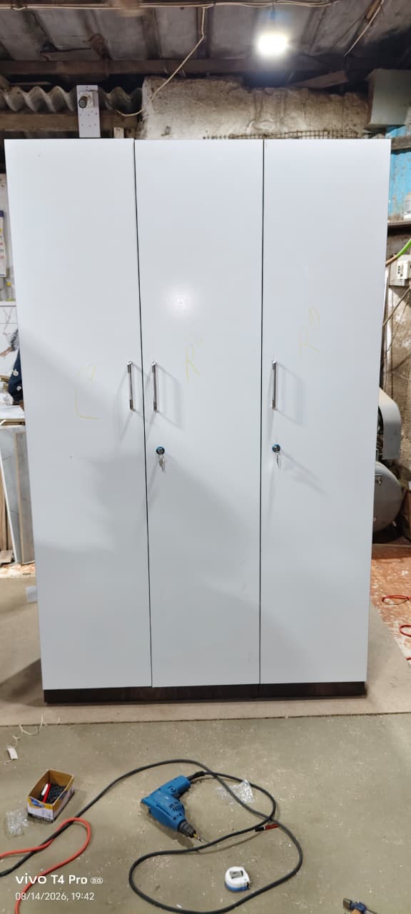 Three-Door White Wardrobe with Wenge Base — custom furniture by Qadir Furniture Manufacturers, Mumbai